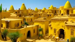 A golden yellow village with classical instrument shaped houses designed in ancient Egyptian hieroglyphics painted by Auguste Rodin