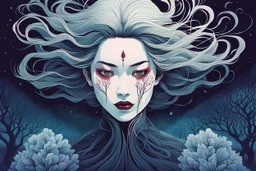 create an imaginative print illustration of an ethereal, otherworldly gaunt and withered ancient female Lasombra vampire , in the style of Hasui Kawase and Shiro Kasamatsu with highly detailed feminine facial features