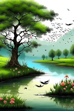 Water channel is running, birds are flying, raining, trees with flower, scene is like haven