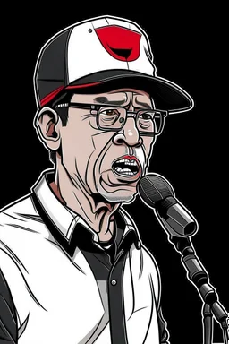 Ilustración vectorial de Gustavo Petro con gorra deportiva camisa, hablando con micrófono, colores negro, blanco y rojo, fondo negro