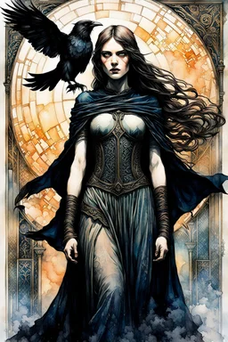 create a deeply evocative, and darkly magical full body ink wash and watercolor illustration of an epic fantasy raven maiden girl with highly detailed and deeply cut facial features, in the style of EDWARD BURNE-JONES, WILLIAM MORRIS, and KATHE KOLLWITZ combined with the comic art style of BILL SIENKIEWICZ and JEAN GIRAUD MOEBIUS, searing lines and forceful strokes, precisely drawn, inked, and colored