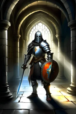 Fantasy Guard in plate armour with a tabard, shield and sword, standing in a stone hall