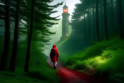 man with white long hair and red scarf walking in a forest of tall green trees with a green backpack at dawn its foggy and streaks of light peeking out in the dawn looking with a look out tower in the background with a trail following up to it there is a river next to the trail