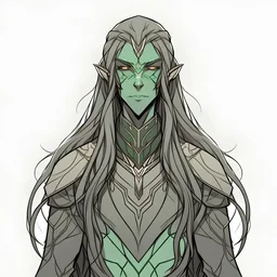 Character desgin of an alien race called Dhaizaer, anime style, front facing, long hair,