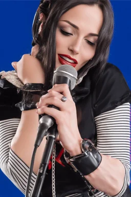 female country music singer holding microphone in front of them, dressed in 1990s clothing