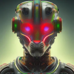 A beautiful portrait of a cyborg lion red green color scheme, high key lighting, volumetric light high details psychedelic background