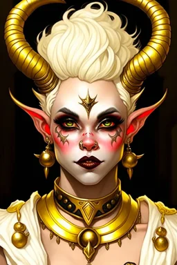 A young tiefling woman with a set of ram horns on her head encrusted with jewels, White-Blonde, short hair, black eyes, no pupils, dressed in white with lots of jewelry, beautiful, satanic tattoos on her neck, she looks like an angel