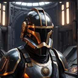 star wars bald male corellian pilot wearing pearlescent black and gunmetal grey First Order special forces heavy assault stealth commando armor and helmet with gold trim inside the jedi temple, hyperdetailed, dynamic lighting, hyperdetailed background, 8k resolution, volumetric lighting, light skin, fully symmetric details