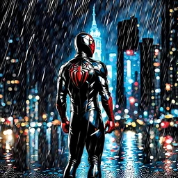 Spiderman in black suit in a rainy night looking at the city