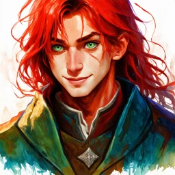 dnd, fantasy, watercolour, stylistic, portrait, illustration, dull colours, male, face, narrow face, green eyes, determined, happy, red hair, very long hair streaming down the shoulders, radiating light, five o'clock shadow