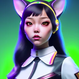 waitress teenager, asian race, cat ears latex headband, rounded face, black hair, short hair, light makeup, striped shirt, vibrant color, highly detailed, gradient background, concept art, smooth, 16 bit, unreal engine 5, god rays, ray tracing, RTX, lumen lighting, ultra detail, volumetric lighting, 3d, finely drawn, high definition, high resolution.