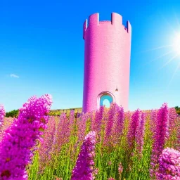 Blue cristal tower in a field of pink flowers with the sun shining blue sky fresh air