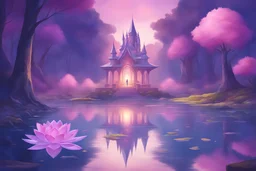 amethysts crystal, with transparency, in a forest, lake with fairies, lotus flowers, a pink tree in the style of A Silent Voice with futuristic crystal castle in the countryside