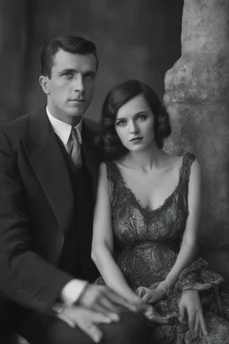 Up close Black and white photo of a serious couple sitting for portrait shoot in the 1920s