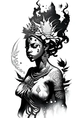 black and white illustration in a tattoo style of the oshun divinity for a stencil tattoo in a white background