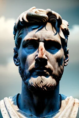 Ultra Realistic image, roman sculpture, white marble material, Lionel Messi, emperor Laurel crown, miguel angel style, chisel style, emperador, waist up portrait, epic, celestial, cinematic lighting, God light, god rays, 4k resolution, smooth details, ornate details, soft lighting, unreal engine 5, sky and clouds background.