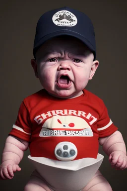 Portrait of an angry baby, fat stomach, diaper, mafia hat, sigar