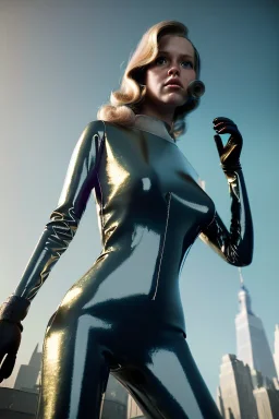 Ultra Realistic retro sci-fi portrait New York image from 1960, many spaceships, sweet young Jane Fonda, tight latex suit, weapon, fighting stance, soft color, highly detailed, unreal engine 5, ray tracing, RTX, lumen lighting, ultra detail, volumetric lighting, 3d, finely drawn, high definition, high resolution.