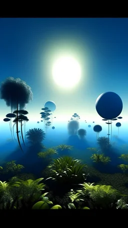 12 different sizes plants around a sun in fog blue backdrop with a big spaceship hi density photographic