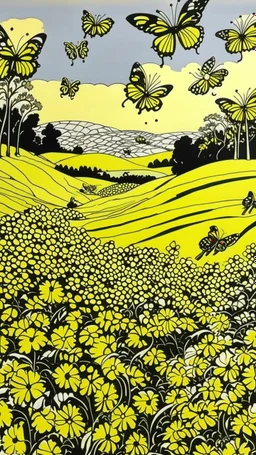A yellow stinky field with butterflies designed in painted by cave paintings painted by Roy Lichtenstein