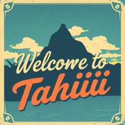 vintage travel poster, retro-style, bold cursive font with the words Welcome to Tahiti.