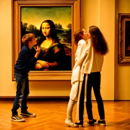 Mona Lisa comes out of the picture and kisses a young man who is standing in the museum looking at her picture