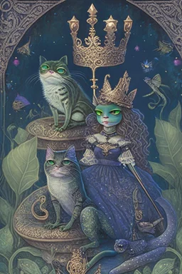 dark fantasy, intricate cover, whimsical with a cat in boots, a frog with a crown and a fairytale princess with a glass slipper