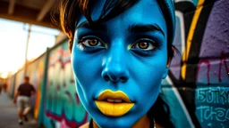 Close-up portrait of a person with a face painted entirely blue and lemon-shaped lips, set against a vibrant graffiti wall in an urban setting during a sunny afternoon.