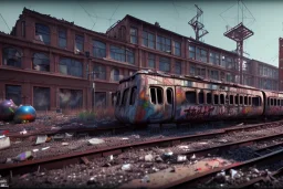 train yard, run down, graffiti, vandalized, day time, destroyed buildings , unity, scriptable render pipeline , lighting , volumetric , global illumination