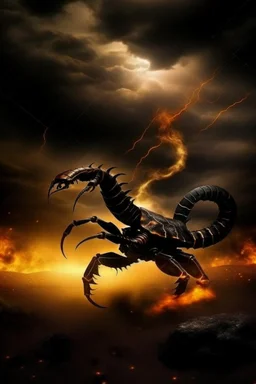 Black Scorpio Scorpion surrounded by fire. Tail curled up behind his back ready to strike under a storming sky with lightening striking around it