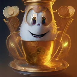 Ultra detailed pot full of gold coins,extremely detailed digital,painting, extremely detailed face ,perfectly centered image, perfect composition, rim light, beautiful lighting,masterpiece,8k, stunning scene, raytracing, anatomically correct,, in the style of Dysney and Pixar,smile