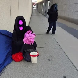 Creepy photo, strange masks, alien, homeless lady