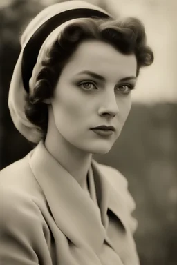 Hyper realistic photograph. A very beautiful woman with amazing eyes. very elegant. Date 1941