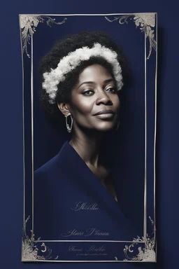 An extremely formal, funeral program written in French for a black woman (include a front photograph of a beautiful lightly tanned elderly biracial black woman) on darkest blue deeply pigmented velvet paper with brilliant, brightest heavy bright shining platinum calligraphy fonts, simple, minimalistic, less element, very dramatic lighting, brilliant colors,