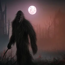 hyper realistic haunting bigfoot beast under the Bloodborne moonlight