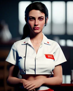 waitress woman with muppet head mask, concept art, retro style, smooth, unreal engine 5, god lights, ray tracing, RTX, lumen lighting, ultra detail, volumetric lighting, 3d.