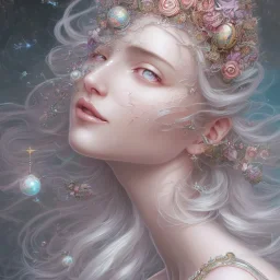 fantasy magic, intricate, sharp focus, illustration, highly detailed, digital painting, concept art, artgerm and paul lewin and kehinde wiley, masterpiece sexy lips with smile Asian lady body flowers head silver bright rain lady outer space pretty, pink blue