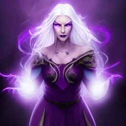 Female dungeons and dragons character, aasimar, fey warlock, spy, flowing white hair, glowing eyes, mysterious facial expression, close-up, violet magical energy