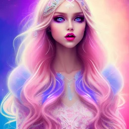 beautiful, soft, smiling face, whole head, long straight blonde hair blues eyes, crown on the head, clothing in transparent bluish and pink veil, background brillante bluish and pink, hight definition, 8K