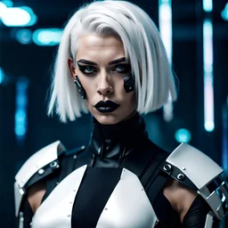 white haired futuristic Amazon warrior, short hairstyle, dark eyeshadow, black lipstick, black bodysuit, relaxed confident powerful intense, cyberpunk style