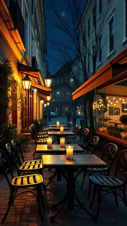 Cafe table outside with at night with candles lights on the tables in the style of vincent van Gogh, without people and animals