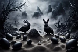 dark fantasy land with mystic, fog, deep cloros, burning landscape with mist, dark fantasy plants, silver and onix crystal eggs lying in sand, pale lights, rocks, weird surreal big dark rabbit-bird mutants, dark fantasy mood, sureal, high quality, high contrast, cinematic, atmospheric, weird mood