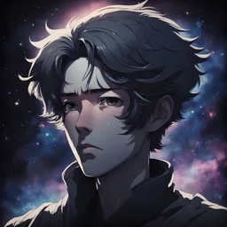 Ensure that the character is facing towards the right side of the canvas. a dark-themed old-school anime-style portrait of a being with a galaxy-like face