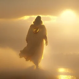 Ultra-realistic camera-facing walking god-like Croesus morphing into gold at sunset fog