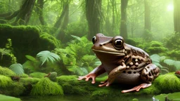 a brown frog with black stripes looking at a river running through a lush green forest, a picture by Jacob Willemszoon de Wet, shutterstock contest winner, ecological art, creative commons attribution, velvia, mobile game art