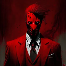 a sinister figure wearing a red suit with a red tie with no face and dirty hair