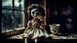 looking at the camera a high realistic vintage crepy porcelain puppet doll, old, dirty with old dress, sitting on shelf, in background blur cracked window. The figure has cracked face and head, and piercing big black eyes. High contrast, cinematic, thriller, dark, atmospheric. Surreal style , perfect composition, sharp focus, intricate details, gloomy vibe
