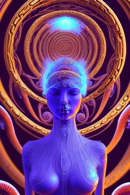 Spiritual being with Tentacles over human Head creating reality around, wrapping Spiral around Human, Psychedelic