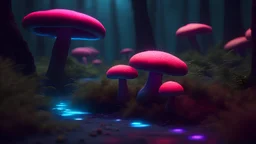 A realistic strange neon lanscape, realistic, 4k resolution, detailled, realistic shaders, neon mushrooms, mushrooms particles, forests, strange neon plants, realistic, detailled.