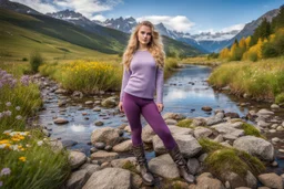 country side ,blue sky , mountains, pretty clouds ,small rocky river with clear water small rocks in floor,wild flowers,beautiful 18 year old girl with ash blonde hair and blue eyes with her curvy hair down, wearing a long-sleeved woollen top, and lilac long leggings, with long red boots full body standing pose shot